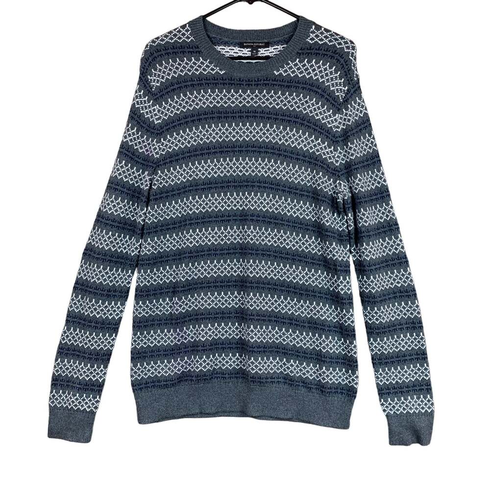 Banana Republic Mens Sweater Gray Blue Crewneck Fair Isle Wool Blend Pullover M